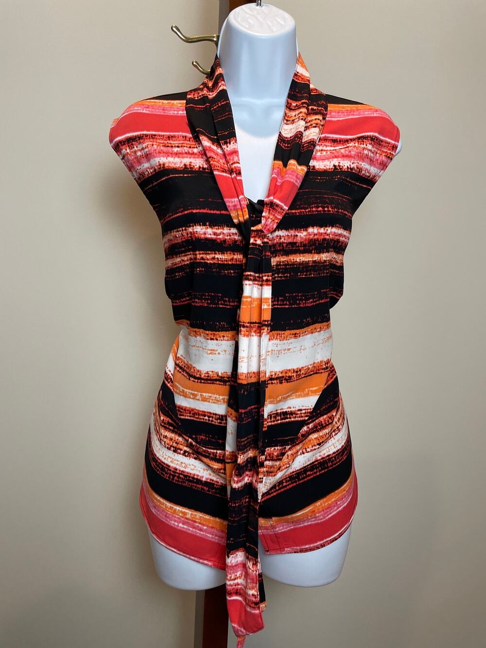 Calvin Klein Striped Tie‑Neck Sleeveless Top Size 1X Orange Black White